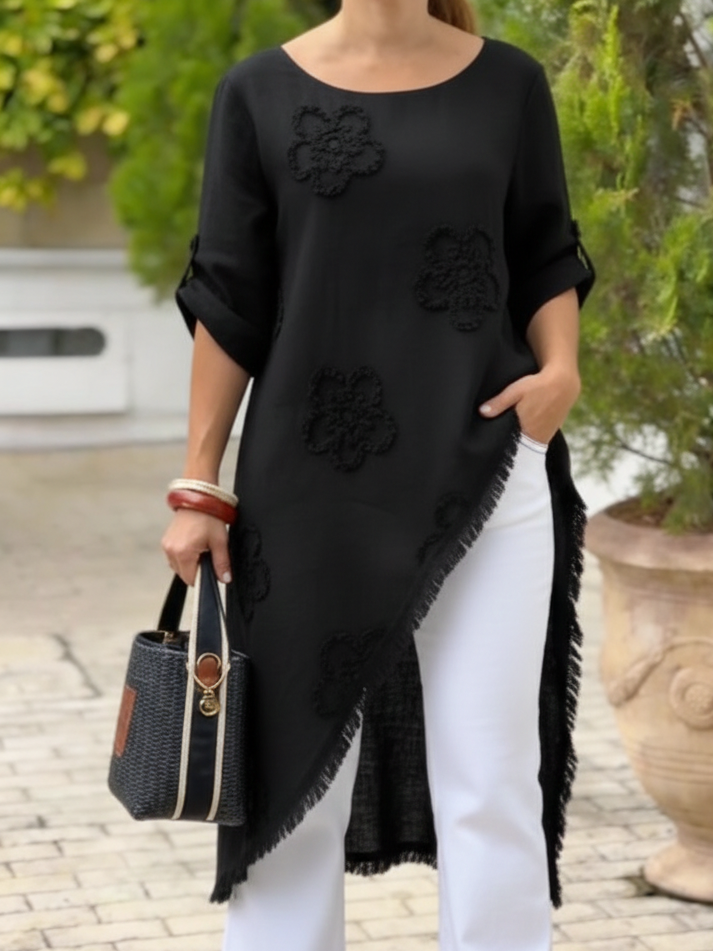 Floral Embroidered Loose-fitting Cotton Shirt Blouse