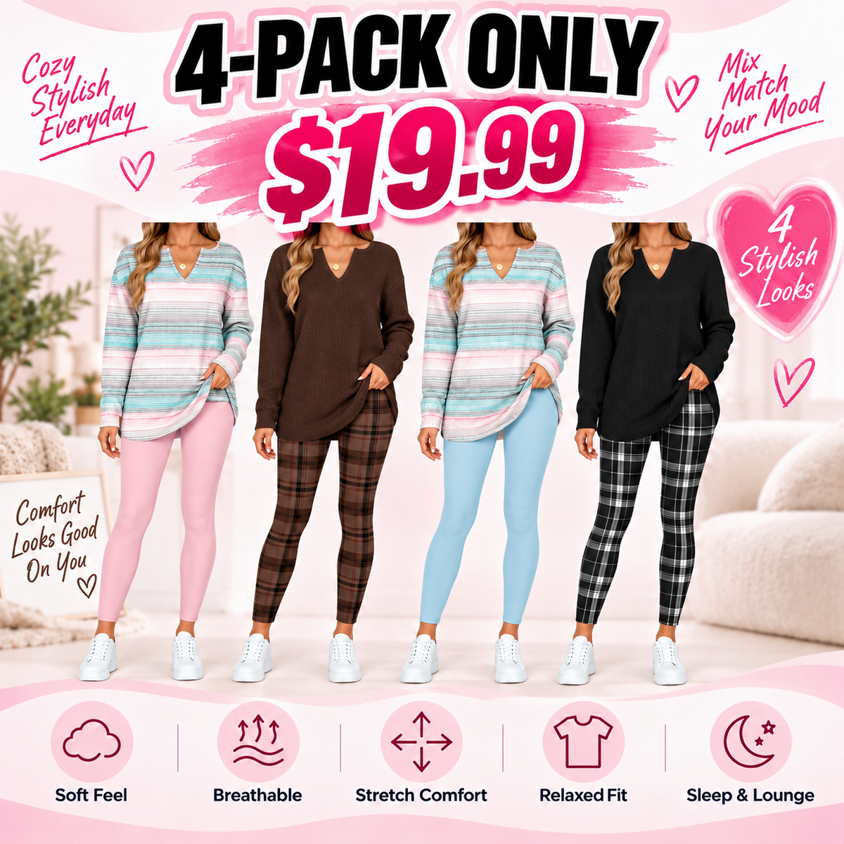 💚Women's 2-Piece Lounge Set – Long Sleeve Top & Plaid Leggings