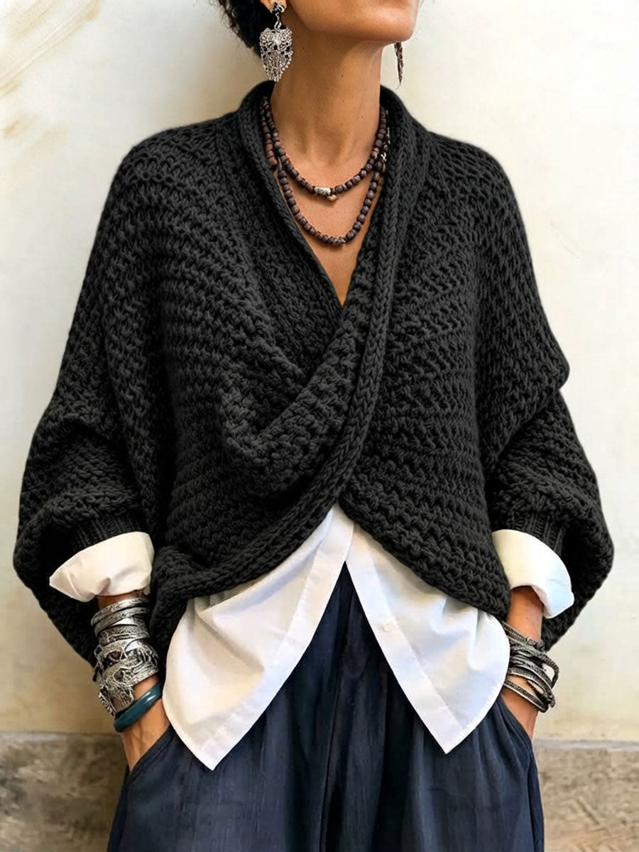💝💝Cozy Relaxed Batwing Sleeves Crossover V-neck Sweater