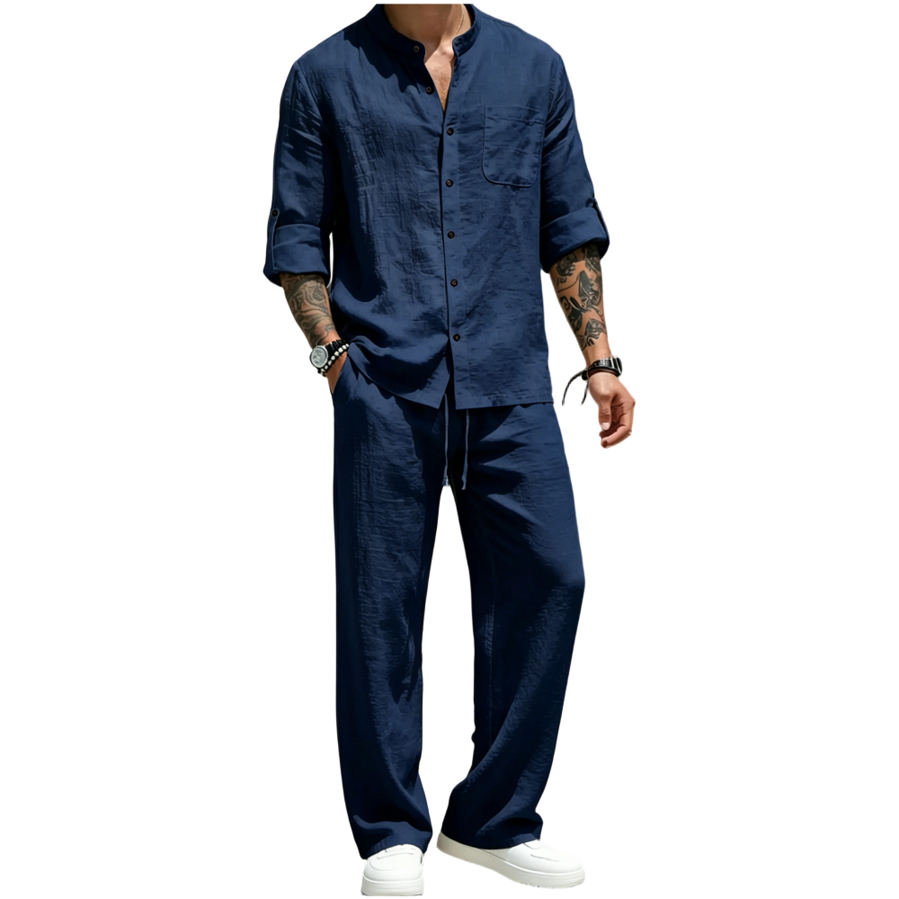💚Men's Linen Stand Collar Long Sleeve Button Shirt & Straight Leg Belted Pants Set
