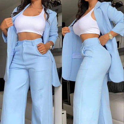 Ruffle Sleeve Blazer & Wide-Leg Pants Set – 2-Piece Business Suit