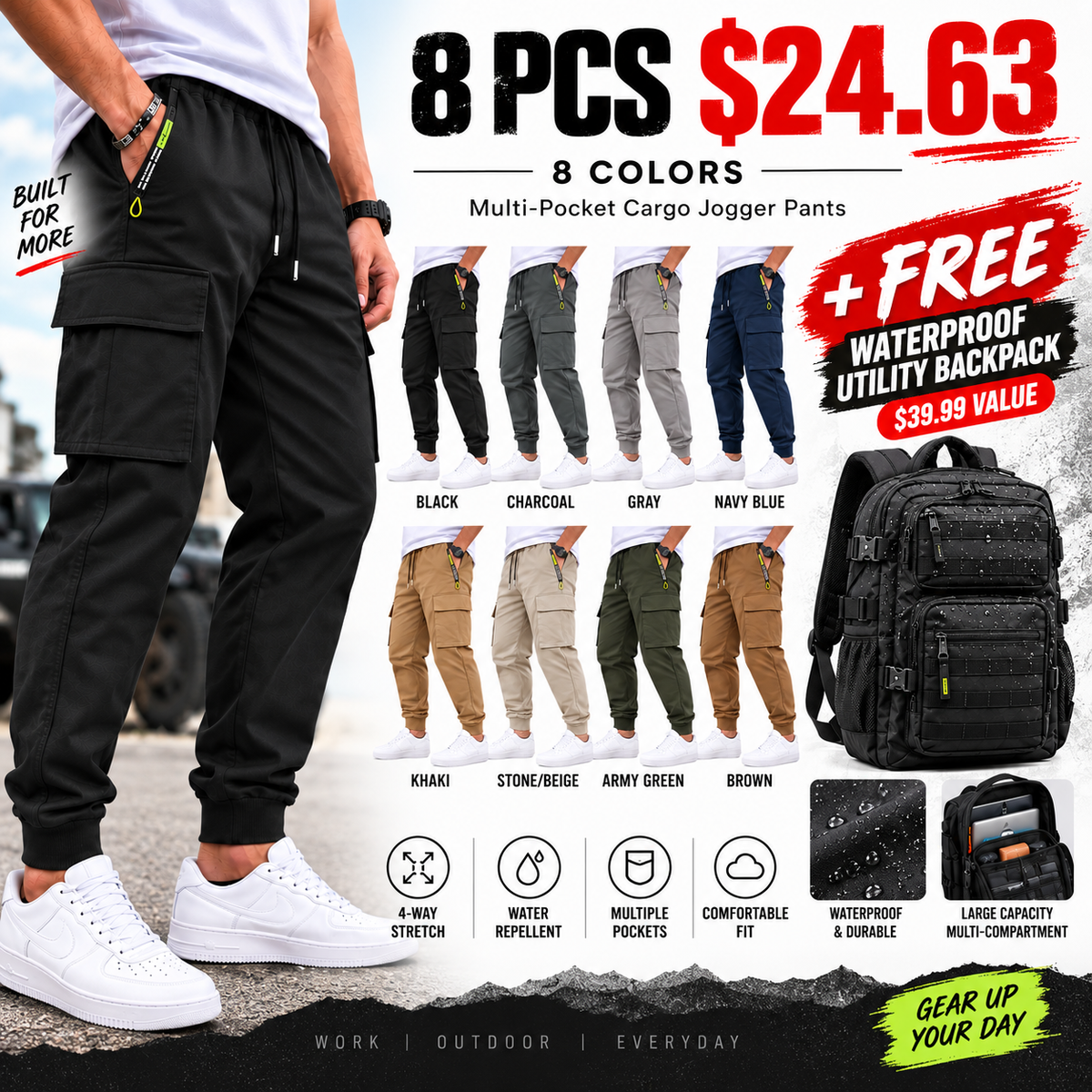 💚BESTSELLER | 8PCS $24.63 | Men’s Multi-Pocket Cargo Jogger Pants