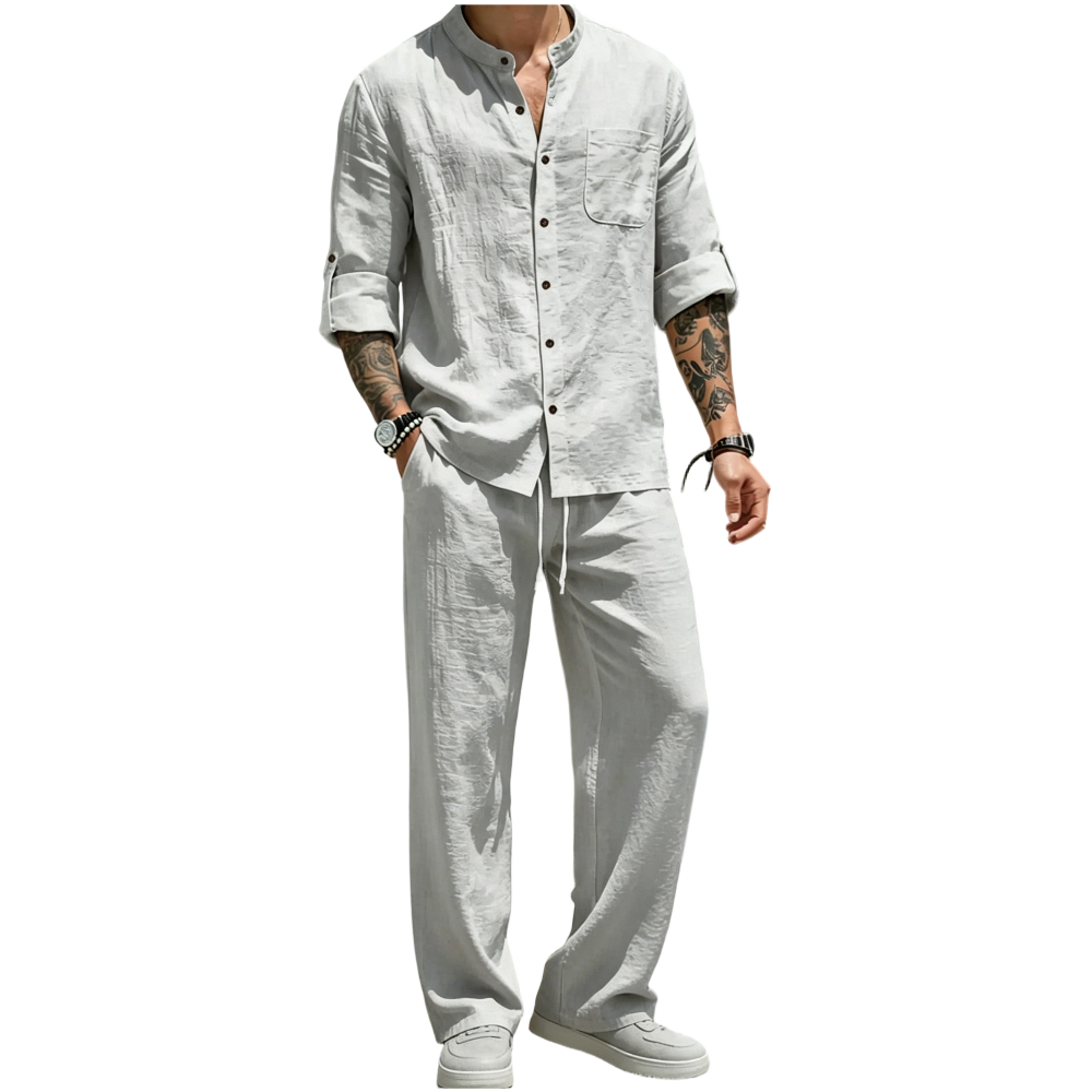 💚Men's Linen Stand Collar Long Sleeve Button Shirt & Straight Leg Belted Pants Set