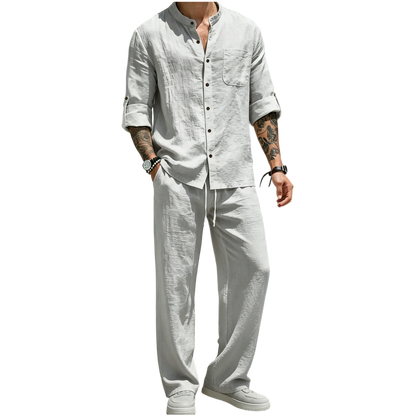 💚Men's Linen Stand Collar Long Sleeve Button Shirt & Straight Leg Belted Pants Set
