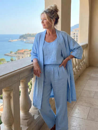 Women's Elegant 3 Piece Linen Set With Wide Leg Pants