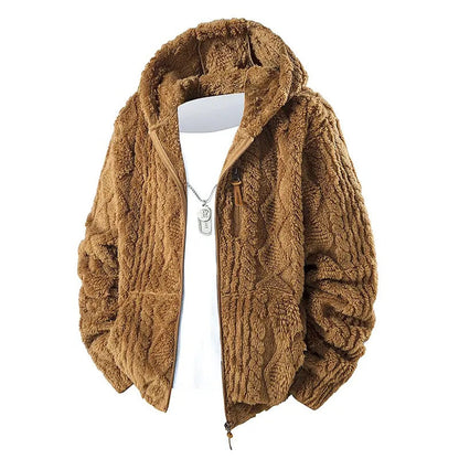 💚Men's Jacquard Thermal Fleece Zip-Up Hoodie, Loose Fit Warm Plush Texture Hooded Jacket with Kangaroo Pockets