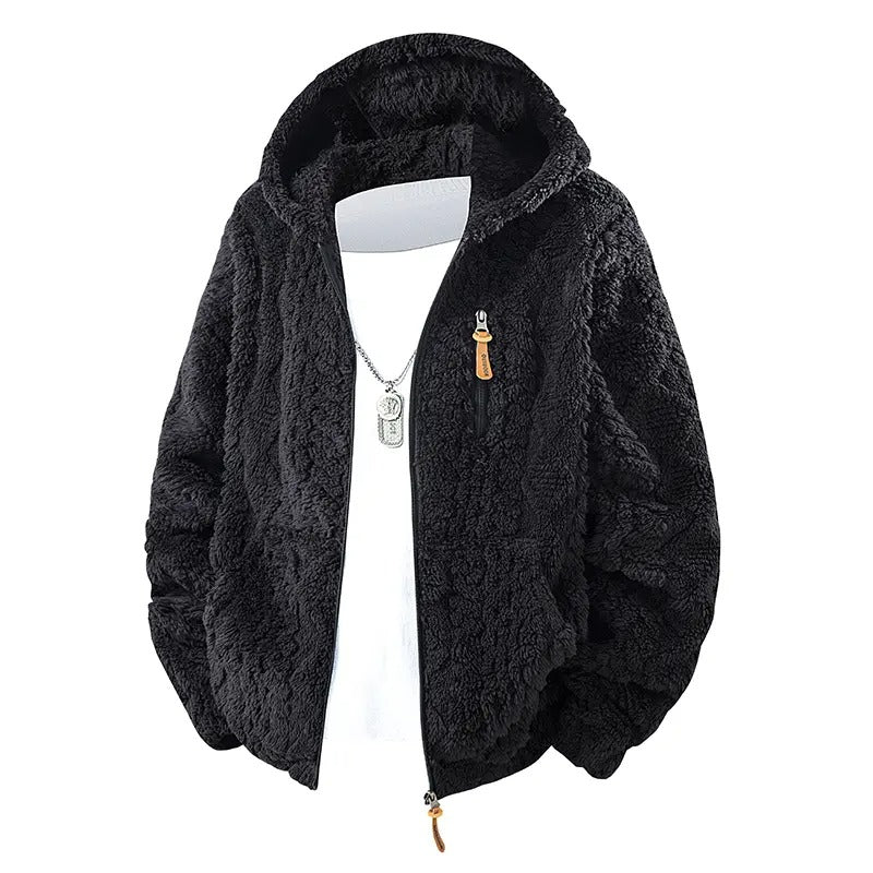 💚Men's Jacquard Thermal Fleece Zip-Up Hoodie, Loose Fit Warm Plush Texture Hooded Jacket with Kangaroo Pockets