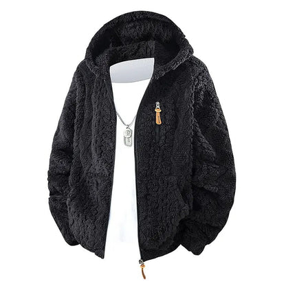 💚Men's Jacquard Thermal Fleece Zip-Up Hoodie, Loose Fit Warm Plush Texture Hooded Jacket with Kangaroo Pockets