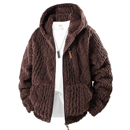 💚Men's Jacquard Thermal Fleece Zip-Up Hoodie, Loose Fit Warm Plush Texture Hooded Jacket with Kangaroo Pockets
