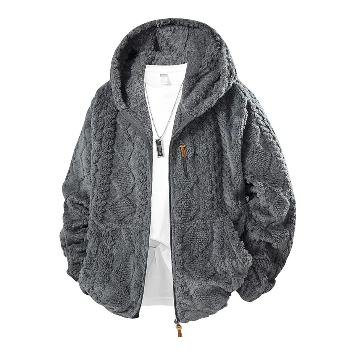 💚Men's Jacquard Thermal Fleece Zip-Up Hoodie, Loose Fit Warm Plush Texture Hooded Jacket with Kangaroo Pockets
