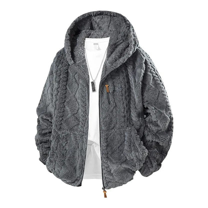💚Men's Jacquard Thermal Fleece Zip-Up Hoodie, Loose Fit Warm Plush Texture Hooded Jacket with Kangaroo Pockets