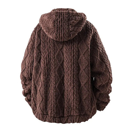 💚Men's Jacquard Thermal Fleece Zip-Up Hoodie, Loose Fit Warm Plush Texture Hooded Jacket with Kangaroo Pockets