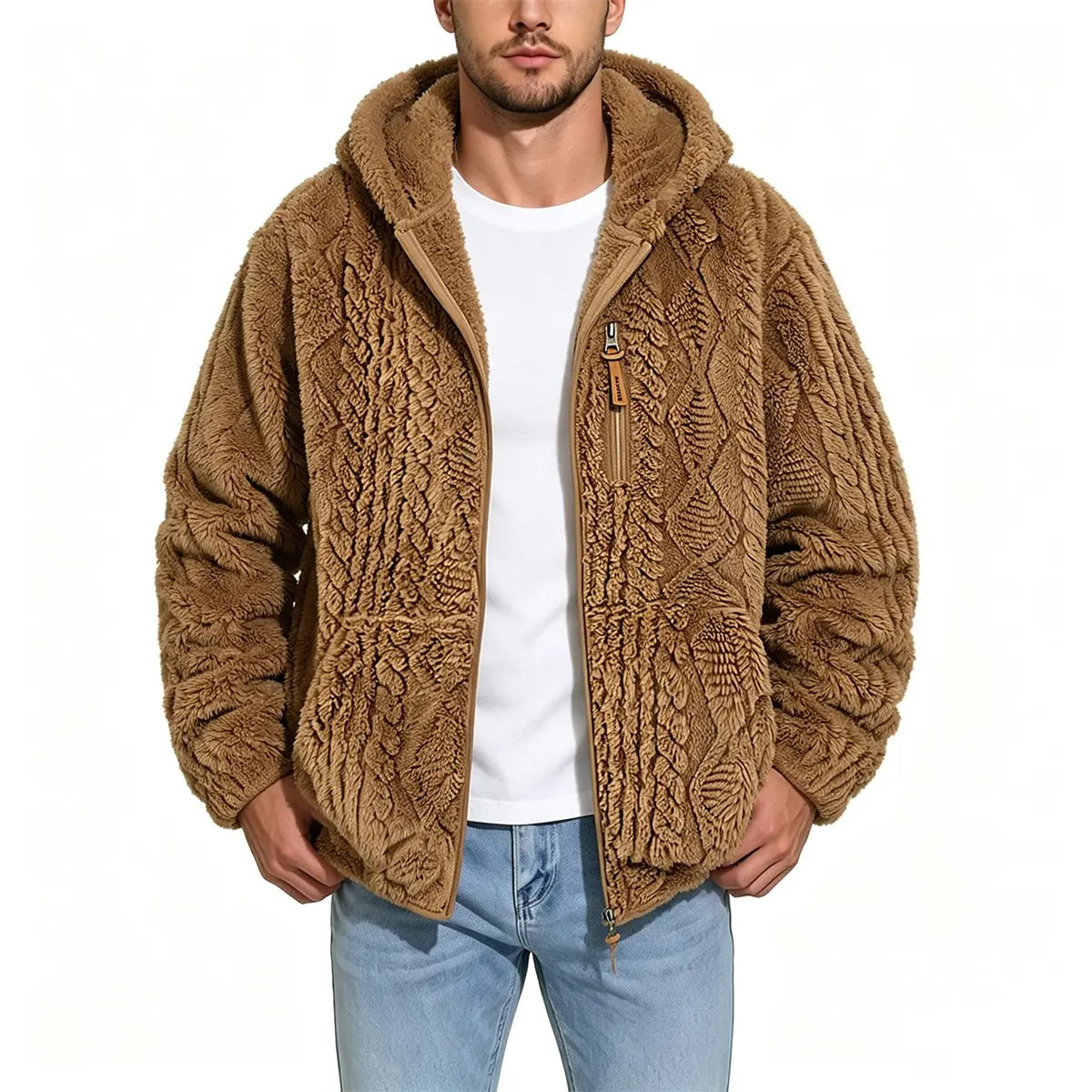 💚Men's Jacquard Thermal Fleece Zip-Up Hoodie, Loose Fit Warm Plush Texture Hooded Jacket with Kangaroo Pockets