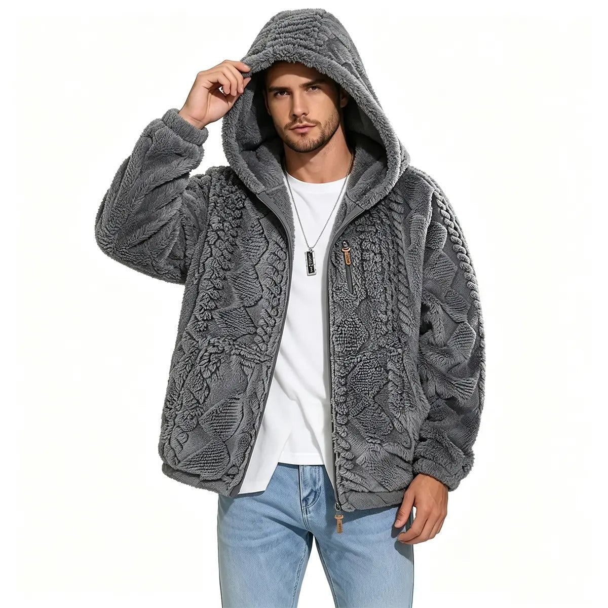 💚Men's Jacquard Thermal Fleece Zip-Up Hoodie, Loose Fit Warm Plush Texture Hooded Jacket with Kangaroo Pockets