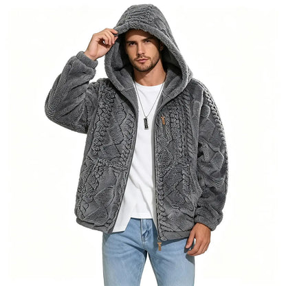 💚Men's Jacquard Thermal Fleece Zip-Up Hoodie, Loose Fit Warm Plush Texture Hooded Jacket with Kangaroo Pockets