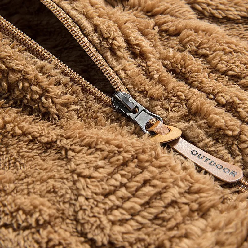 💚Men's Jacquard Thermal Fleece Zip-Up Hoodie, Loose Fit Warm Plush Texture Hooded Jacket with Kangaroo Pockets