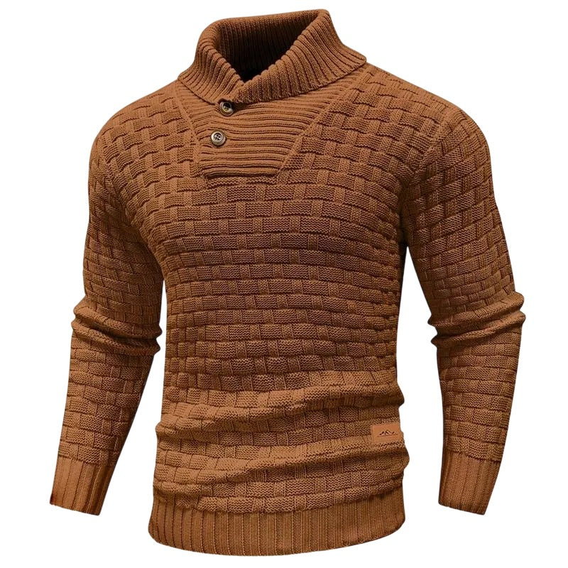 💚Men's Regular Textured Patched Detail Shawl Collar Sweater