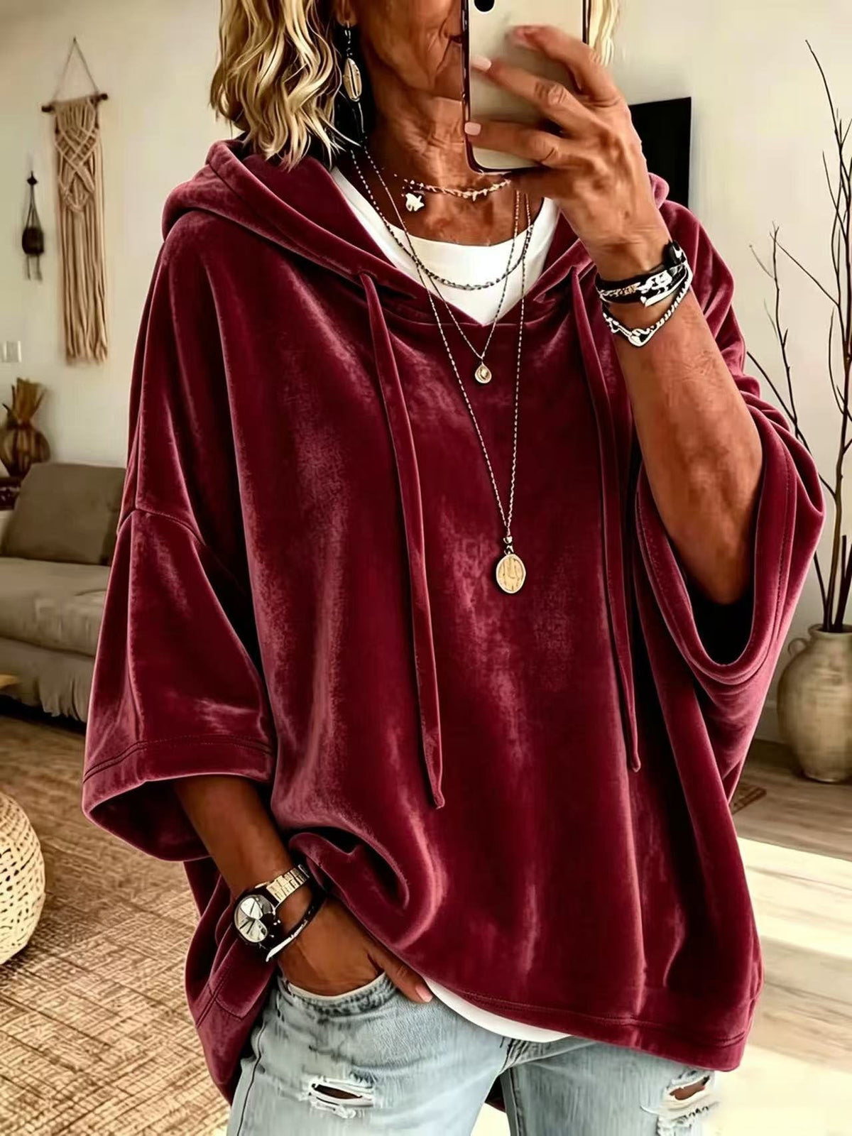💝💝Women’s 3/4 Sleeves Minimalist Velour Hoodie Top