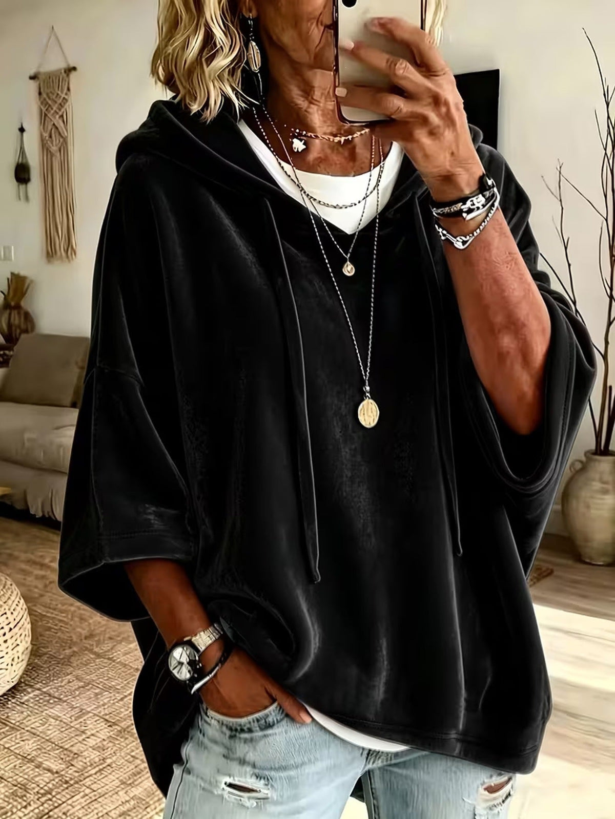 💝💝Women’s 3/4 Sleeves Minimalist Velour Hoodie Top