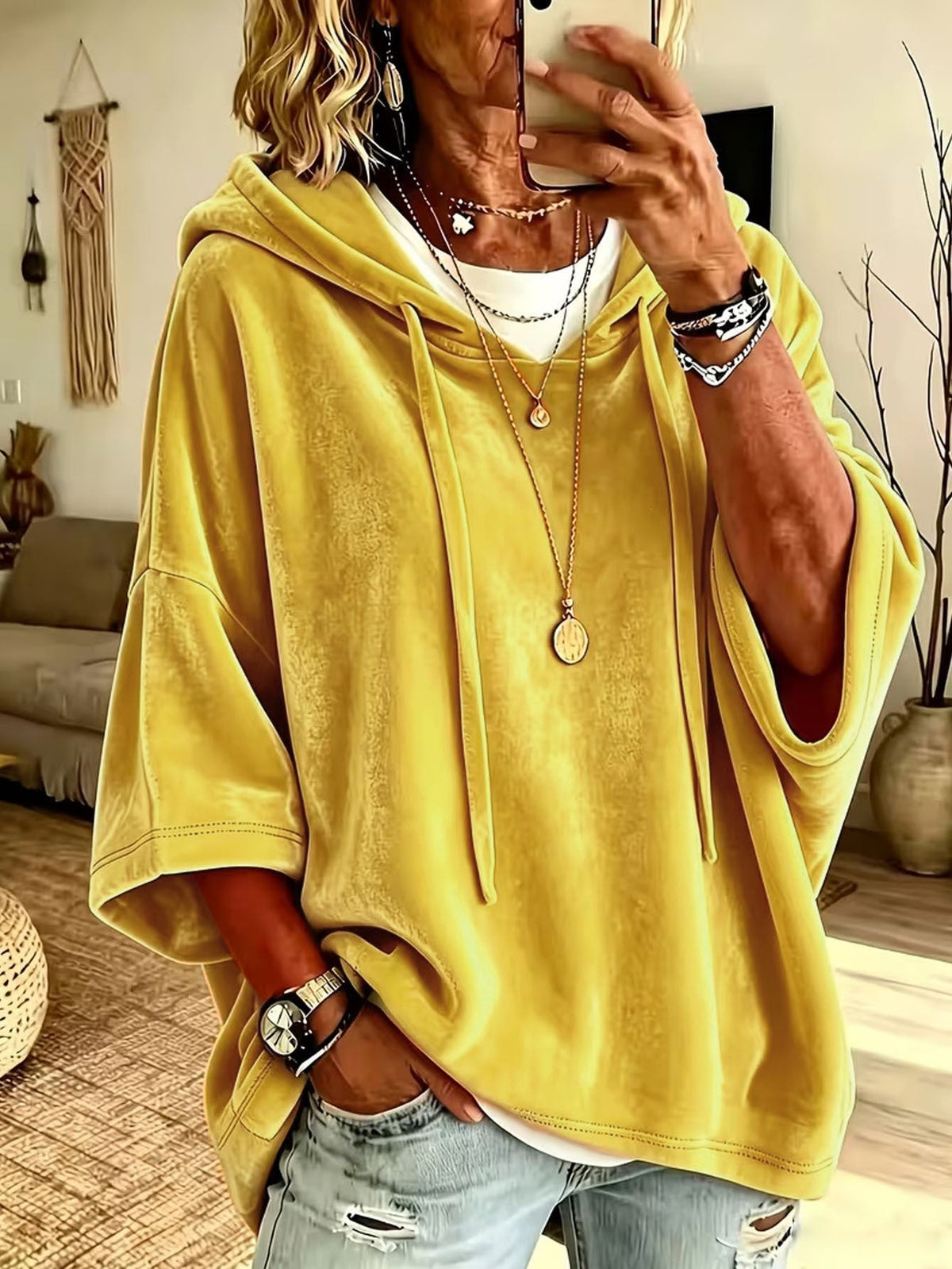💝💝Women’s 3/4 Sleeves Minimalist Velour Hoodie Top
