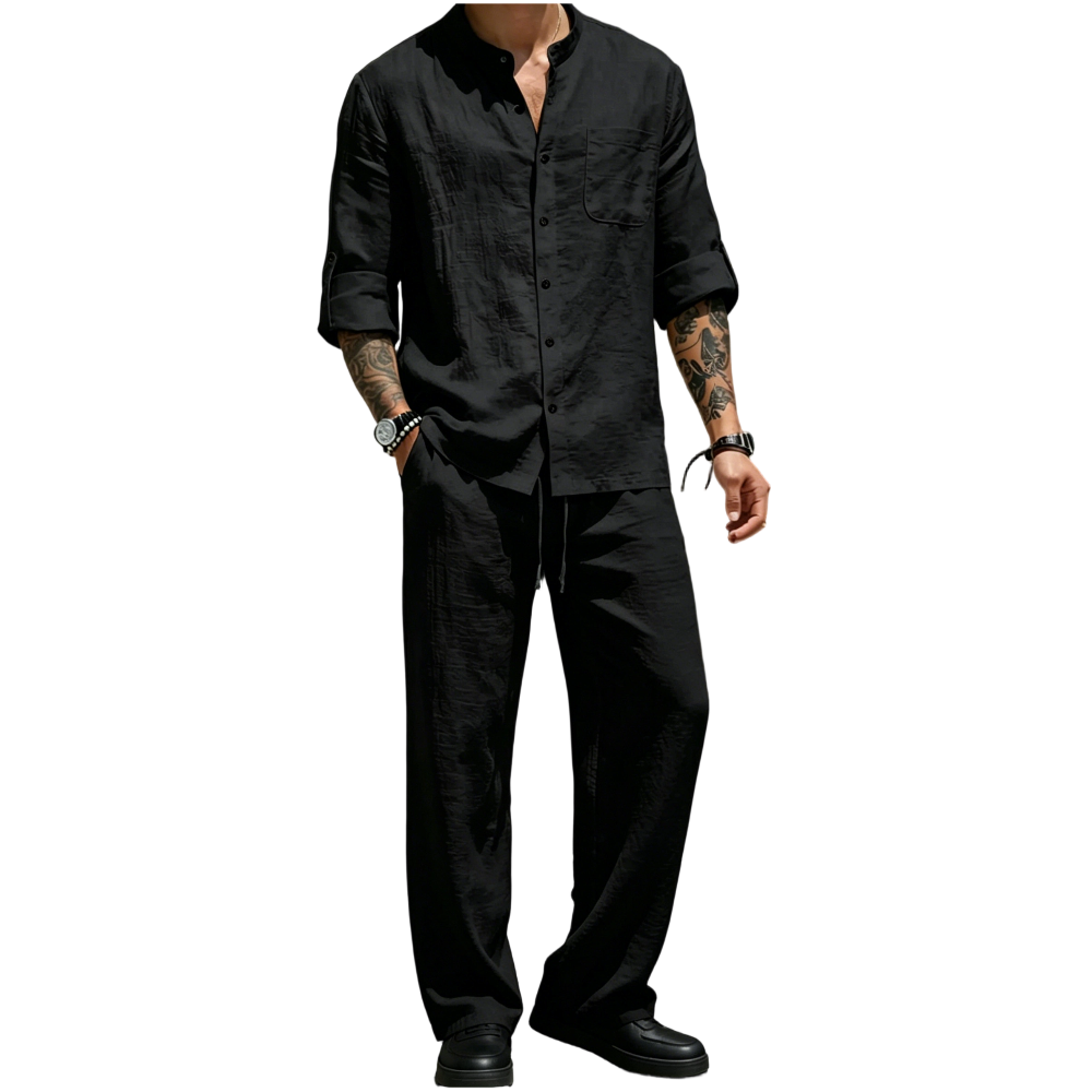 💚Men's Linen Stand Collar Long Sleeve Button Shirt & Straight Leg Belted Pants Set