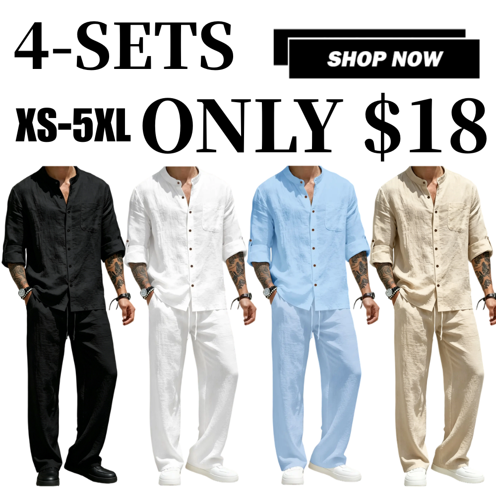 💚Men's Linen Stand Collar Long Sleeve Button Shirt & Straight Leg Belted Pants Set