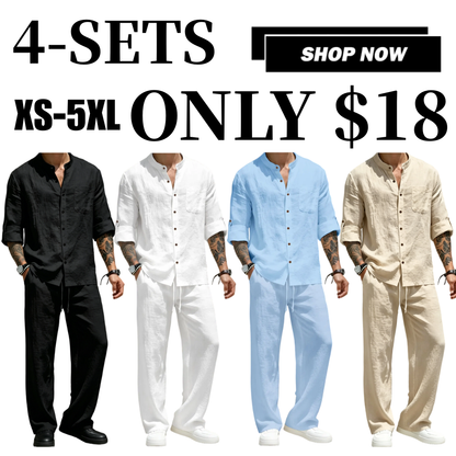 💚Men's Linen Stand Collar Long Sleeve Button Shirt & Straight Leg Belted Pants Set