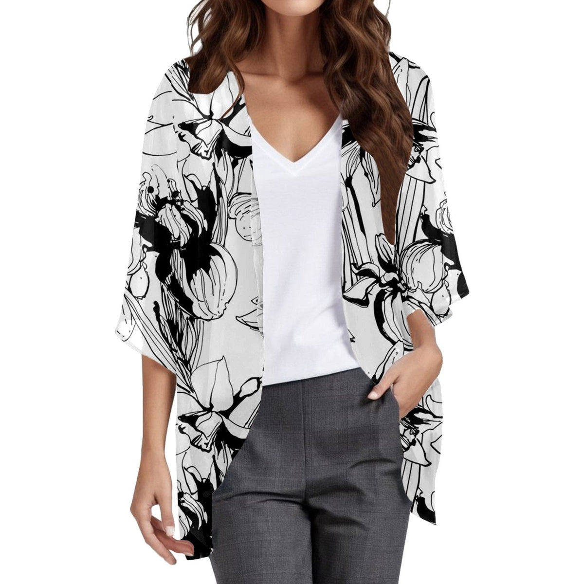 Floral Puff Sleeve Kimono Cardigan – Lightweight Beach Cover Up & Layering Piece