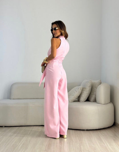 Women's Elegant Wide Leg Jumpsuit With Waist Tie