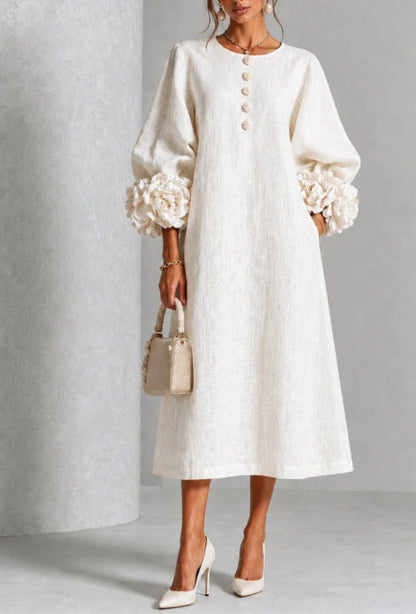 💝💝Floral Midi Dress with Rose-Cuff Sleeves