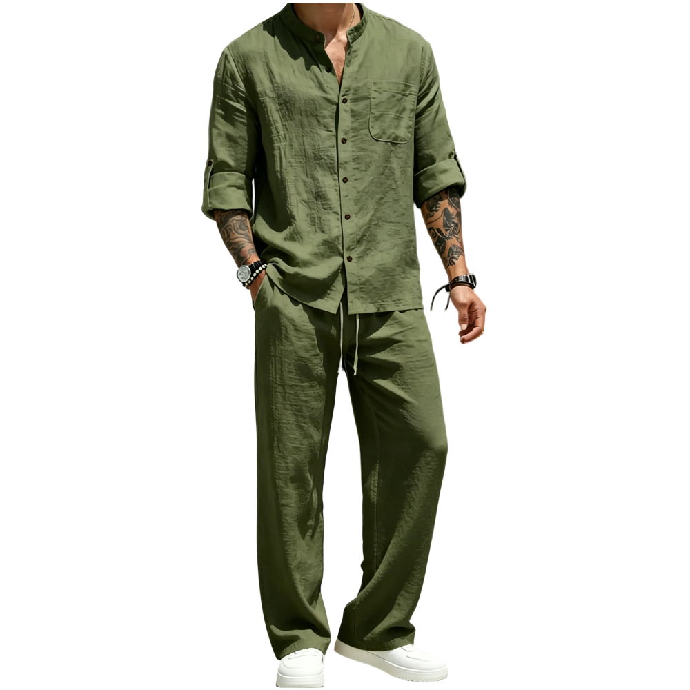 💚Men's Linen Stand Collar Long Sleeve Button Shirt & Straight Leg Belted Pants Set