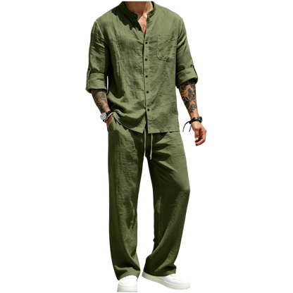 💚Men's Linen Stand Collar Long Sleeve Button Shirt & Straight Leg Belted Pants Set