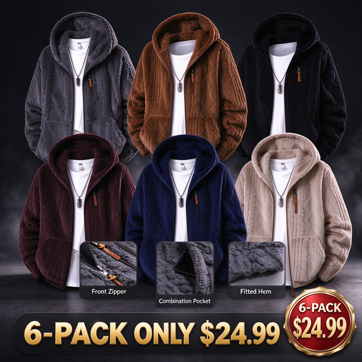 💚Men's Jacquard Thermal Fleece Zip-Up Hoodie, Loose Fit Warm Plush Texture Hooded Jacket with Kangaroo Pockets