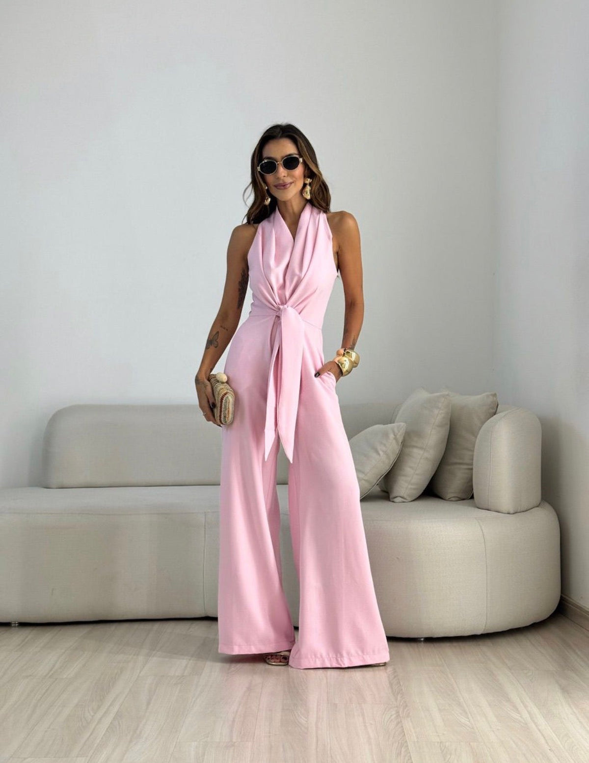 Women's Elegant Wide Leg Jumpsuit With Waist Tie