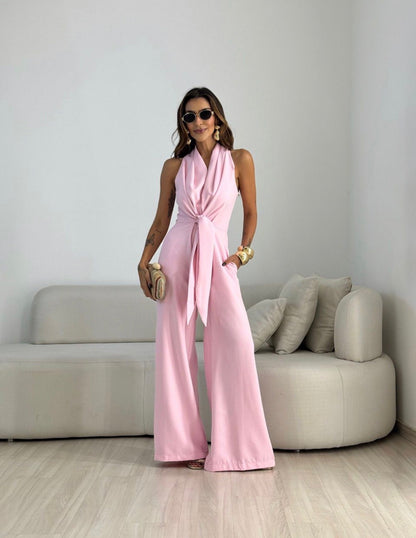Women's Elegant Wide Leg Jumpsuit With Waist Tie