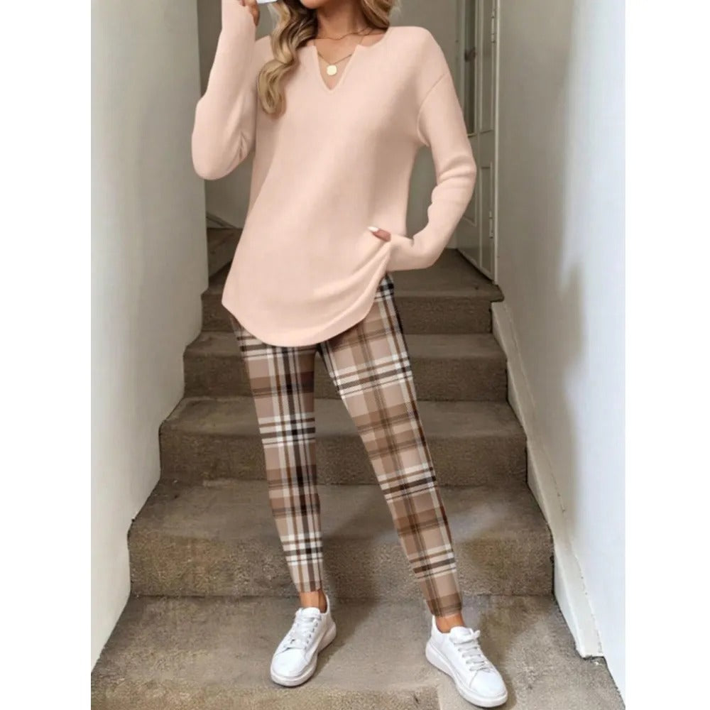 💚Women's 2-Piece Lounge Set – Long Sleeve Top & Plaid Leggings
