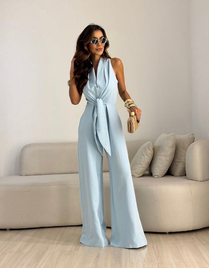 Women's Elegant Wide Leg Jumpsuit With Waist Tie