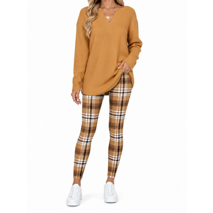 💝💝Women's 2-Piece Lounge Set – Long Sleeve Top & Plaid Leggings
