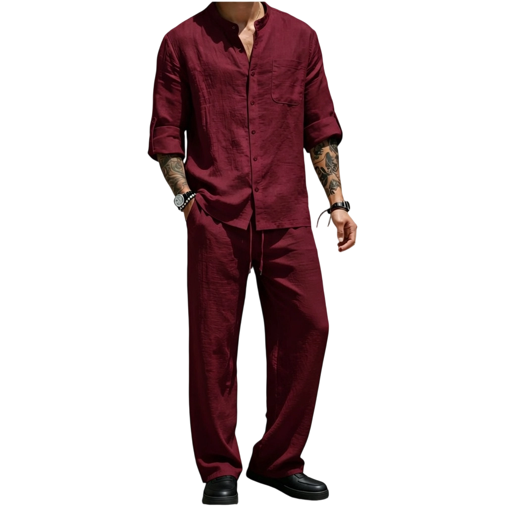 💚Men's Linen Stand Collar Long Sleeve Button Shirt & Straight Leg Belted Pants Set