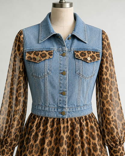 Milan Denim Bodice Leopard Dress