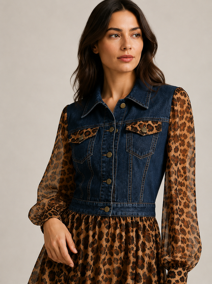 Milan Denim Bodice Leopard Dress