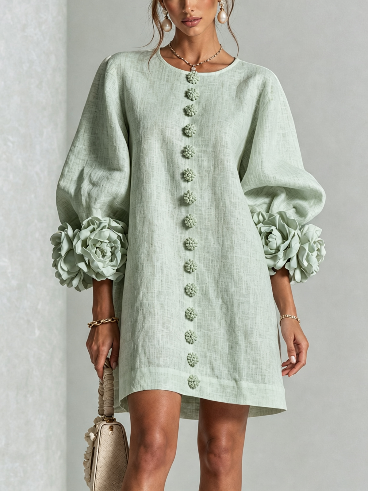 💝💝White Floral Button-down Mini Dress With Striking Floral Cuffs