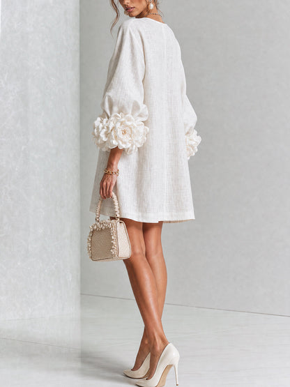 💝💝White Floral Button-down Mini Dress With Striking Floral Cuffs