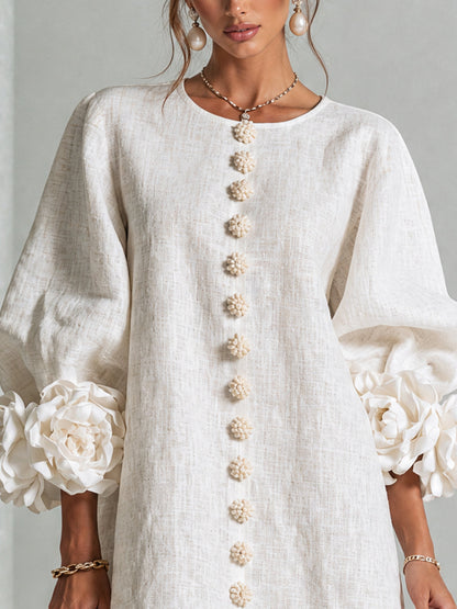💝💝White Floral Button-down Mini Dress With Striking Floral Cuffs