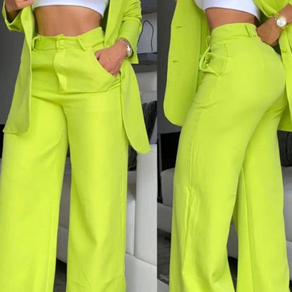 Ruffle Sleeve Blazer & Wide-Leg Pants Set – 2-Piece Business Suit