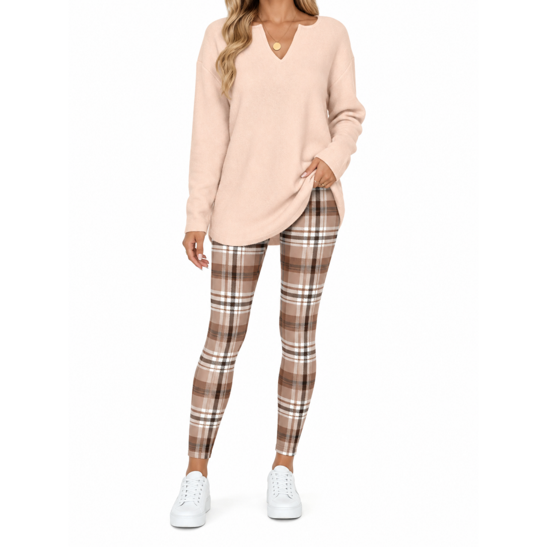 💚Women's 2-Piece Lounge Set – Long Sleeve Top & Plaid Leggings