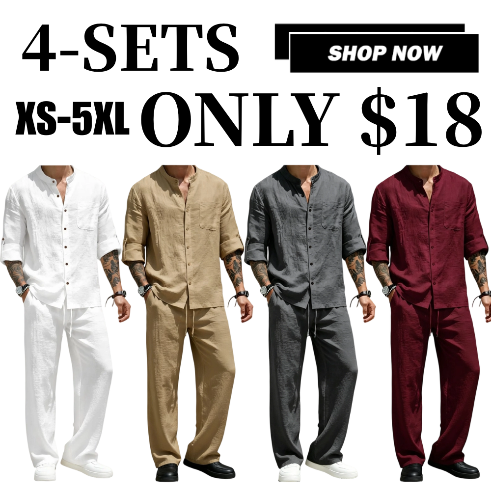 💚Men's Linen Stand Collar Long Sleeve Button Shirt & Straight Leg Belted Pants Set