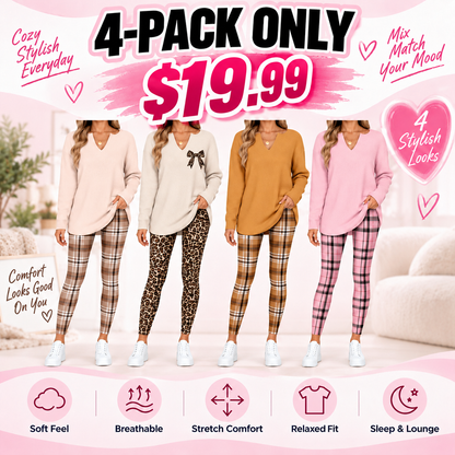 💚Women's 2-Piece Lounge Set – Long Sleeve Top & Plaid Leggings