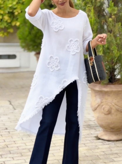 Floral Embroidered Loose-fitting Cotton Shirt Blouse