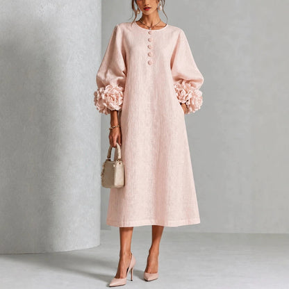 💝💝Floral Midi Dress with Rose-Cuff Sleeves